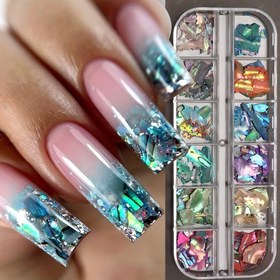 Resim FULL BEAUTY 12 Izgara Tırnak Sanatı Aurora Abalone Kabuğu Taneleri 3D Düzensiz Deniz Kabuğu Dilimler Tırnak Şansları Holografik Kabuk Sequins Tırnak Parçaları DIY Tırnak Sanatı, Tırnak Dekorasyonu için 