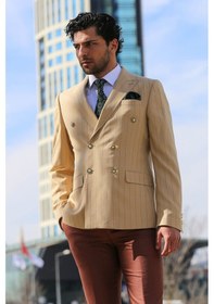 Resim Wessi Kruvaze Slim Fit Çizgili Krem Erkek Ceket 001 