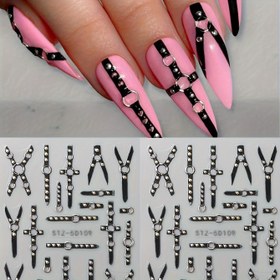Resim 1 adet Fantastik Gotik Seksi Kemer Tırnak Sanatı Çıkartısı, Kendinden Yapışkanlı Plastik Tırnak Süslemesi, Stiletto Siyah Kayışlar ve Gümüş Halka Yüzük Detayları, Düzensiz Geometrik Desen, Yarı Parlak Bitiş, Tek Kullanımlık Şans Manikür Dekoru Plastik Yüzeyler için 