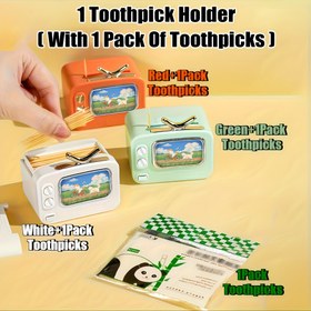 Resim 1 Adet Kürdan Tutucu ve 1 Paket Kürdan - Retro TV Tasarımlı Otomatik Açılır Dispenser, Çok Renkli (Kırmızı, Yeşil) 