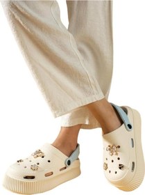 Resim Yüksek Taban Taşlı Kadın Sandalet Krem-mavi-krem-mavi Krem - Mavi 