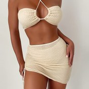 Resim Kadınlar için Mayo, Düz Renk Seksi Bağcıklı Sırtı Açık Bikini Üç Parça Takım, Etek Stili Plaj Tatili Spa Mayo 