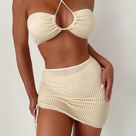 Resim Kadınlar için Mayo, Düz Renk Seksi Bağcıklı Sırtı Açık Bikini Üç Parça Takım, Etek Stili Plaj Tatili Spa Mayo 