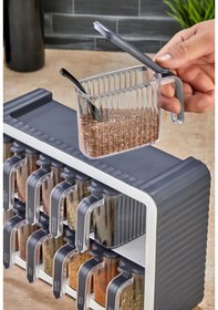 Resim 12li Standlı Kendinden Yapışkanlı Kapaklı Kaşıklı Baharatlık Takımı-kulplu Baharatlık Antrasit Gri 