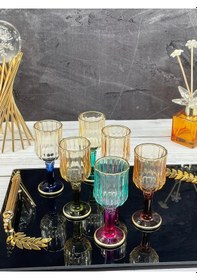 Resim 6 Lı Cam Yaldızlı Renkli Kahve Yanı Su Bardağı Kadeh Kupa Bardak 