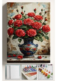 Resim Sayılarla Boyama Çerçeveli Hobi Seti Numaralı Tuval Fırça Boya Kasnaklı 40x50 Cm Kırmızı Gül Vazo 