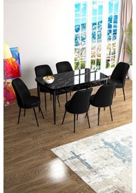 Resim Canisa Han Serisi 70x114 Açılabilir Mdf Mutfak Masası Takımı Siyah Mermer Desen Masa 6 Siyah Sandalye Beyaz 