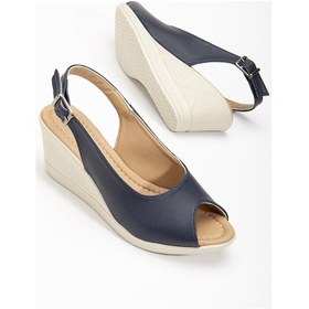 Resim Dolgu Taban Burun Ve Arka Açık Ortopedik Suni Deri Lacivert Kadın Dolgu Topuk Ayakkabı-2782-lacivert Lacivert 