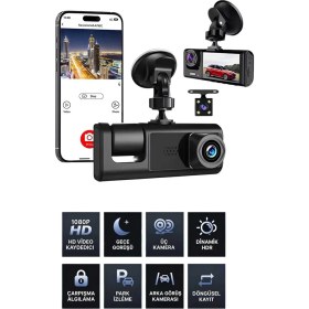 Resim İlkyaz Fashion 1080P Wifi Full Hd Araç Içi Kamera Arka Ön Iç Kayıt 3 Kamera Gece Görüşlü Gsensör Geniş A 