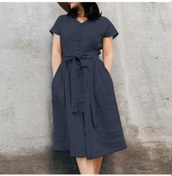 Resim Koyu Mavi Zanzea Kadın Yaz Kısa Kollu O-boyun Gevşek Rahat Pamuklu Elbise S Koyu Mavi 