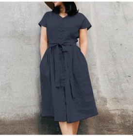 Resim Koyu Mavi Zanzea Kadın Yaz Kısa Kollu O-boyun Gevşek Rahat Pamuklu Elbise S Koyu Mavi 