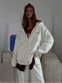Resim Gia Collection Kadın Oversize Eşofman Takımı Vision Baskılı Beyaz - Kapüşonlu Fermuarlı, Bağcıklı Bel, Boru paça 