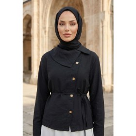 Resim Modestim Kadın Siyah Yaka Düğme Detaylı Belden Bağlamalı Şık ve Modern Tesettür Gömlek Tunik Yazlık 
