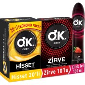 Resim Okey Prezervatif Hisset 20'li + Zirve 10'lu + Çilek Jel 100 ml 