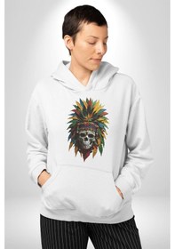Resim Kurukafa İskelet Kızılderili Tüy Kartal Şefi Kadın Erkek Beyaz Kapüşonlu Sweatshirt Hoodie Beyaz 