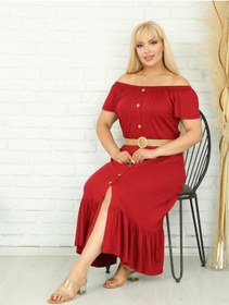 Resim Genel Markalar Kadın Büyük Beden Yaka Lastik Eteği Fırfır Lı Viskon Elbise (kemer Dahil Değil) 