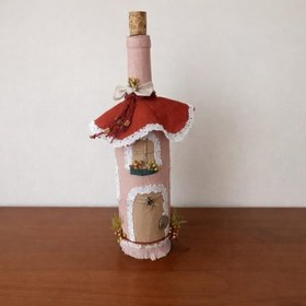 Resim El Yapımı Dekoratif Şarap Şişesi, Cam, Pembe ve Kırmızı, 33x8 cm, Ev Dekorasyonu, Masa Süsü, 215g 