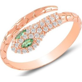 Resim Gümüş Rose Kök Zümrüt Ve Zirkon Taşlı Ayarlanabilir Yılan Yüzük 