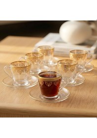 Resim Ottoman Boncuk Detaylı Altın Yaldızlı El Boyama 6 Kişilik Cam Çay Fincan Seti 6 X 190 Ml Gold 