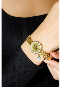 Resim Çeyrekli Nazar Boncuklu Yaprak Kelepçe 8 Ayar Sarı Altın 