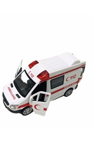 Resim LABİRENTMARKET Kutulu Kapıları Açılan Metal Çek Bırak Pilli Sesli Işıklı Ambulans 13 Cm 