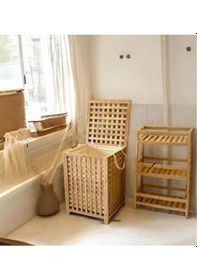 Resim Büyük Boy Ahşap Bambu Kirli Sepeti 45x45x62 Renkli 