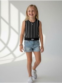 Resim Kız Çocuk Pamuklu Çizgili Crop Bluz-16801 Siyah 