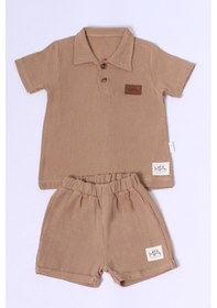 Resim Erkek Bebek Şortlu Takım Polo Yaka Düğmeli Düz Renk E8 kahverengi 