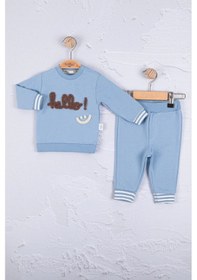 Resim Babydonat Hello Nakışlı % 100 Pamuk 2'li Erkek Bebek Takımımmmmmmm Mavi 