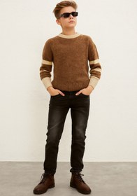 Resim CLOUDY WEAR&DESİGN Çizgili Kol Detaylı Bisiklet Yaka Kışlık Erkek Çocuk Kahverengi Triko Kazak (5-14 Yaş) 