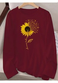 Resim Soonaksesuar Kadın Uzun Kollu Bisiklet Yaka Ayçiçeği Desenli Viskon Bluz Bordo 