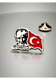 Resim Yörük Tasarım Atatürk&bayrak Yaka Rozeti Krom Kaplama Gümüş 