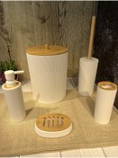 Resim emir home shop 5'li Banyo Seti Akrilik Ahşap desen Sıvı Sabunluk Diş Fırçalığı Çöp Kovası Klozet Fırçası 