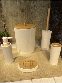 Resim emir home shop 5'li Banyo Seti Akrilik Ahşap desen Sıvı Sabunluk Diş Fırçalığı Çöp Kovası Klozet Fırçası 