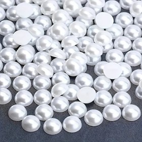 Resim 100 adet 10mm şık beyaz boncuk - Parlak yarım yuvarlak düz arkalı akrilik boncuklar, DIY takı, ayakkabı ve düğün süslemeleri için uygun, pürüzsüz yüzey 