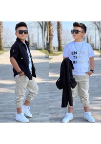 Resim Modavals Cep Ve Kol Detaylı Düğmeli Ceket Baskılı Tişört Ve Kargo Pantolon 3 Parça Erkek Çocuk Takım-589274601 Siyah 