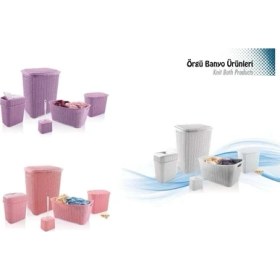 Resim Neonova 5 Parça Örgü Desenli Plastik Banyo Seti Çamaşır Sepeti Deterjanlık Klik Çöp Kovası Klozet Fırçası 