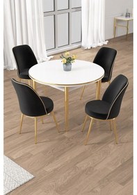 Resim Canisa Osle Serisi 90x90 Yuvarlak Beyaz Mutfak Masa Takımı 4 Sandalye Gold Detay Masa Beyaz Sandalye Siyah Gold Ayak 