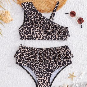 Resim Kızlar Mayo Bölünmüş Yeni Leopar Desenli Mayo Sevimli Kız Bebek Yaz Mayo Şık 