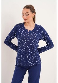 Resim Çift Kaplan Kadın Pamuk Modal Yıldızlı Açık Patlı Lacivert Pijama Takımı 7005 Lacivert 
