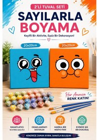 Resim Sayılarla Boyama 20x20 Cm Tuval Seti 2 Adet Tuval Fırça Boya Dahil Çıtaya Gerili - Turuncu Mavi 