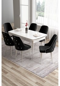 Resim Canisa Tia Serisi Açılabilir Mdf Mutfak Masası Takımı Beyaz Masa Krom Detay 6 Siyah Sandalye Masa Beyaz Sandalye Siyah 