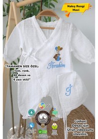 Resim Gros Shop Müslin Yeni Doğan 4katlı Organik %100pamuk Kişiye Özgü Nakışlı Hastane Çıkış Seti-ayıcık Model Beyaz-2 