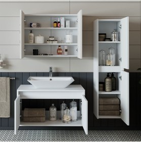 Resim ROOMART Banos Banyo Lavabolu Mat Beyaz Mdf 85 Cm Banyo Dolabı+aynalı Banyo Üst Dolap+banyo Boy Dolap 