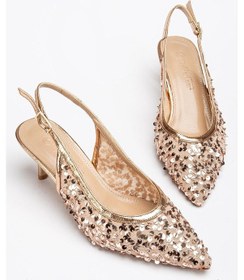 Resim Kadın Kısa Topuklu Abiye Ayakkabı Rose Pullu File Topuk Açık-3636 Rose Ayna 