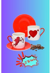 Resim Sevgililer Günü Kalpli Eros Baskılı 2 Li Türk Kahvesi Fincanı Hediye Seti Kırmızı Beyaz Kırmızı - Beyaz 