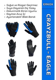 Resim Crazybull Eagle Mavi / Su Ve Rüzgar Geçirmez Kışlık Erkek Motosiklet Eldiveni + Buff 