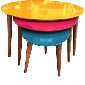 Resim Zigon Sehpa Ahşap Kayın Retro Konik Ayak Model Üçgen Tabla 3 Renk Tabla ceviz ayak El Yapım 