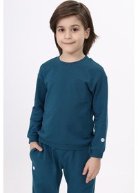 Resim Toontoy Kids Toontoy Erkek Çocuk Relax Fit Bisiklet Yaka Hafif Düşük Omuz Baskılı Sweatshirt - 2 İplik Petrol Mavi 