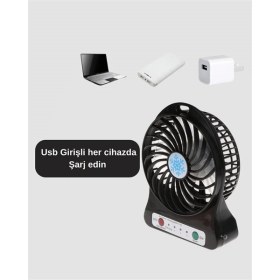Resim Şarjlı USB Fan – Masaüstü Mini Vantilatör, Taşınabilir, Işıklı, 3 Kademeli, Sessiz 